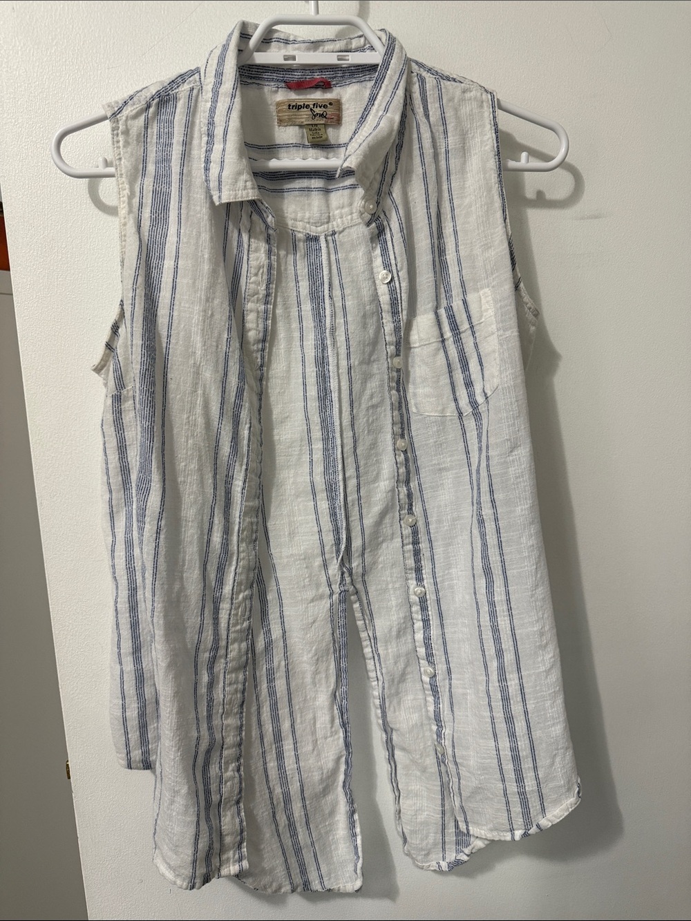 Triple Five Soul White Sleeveless Button-Down Shirt with Blue Stripes